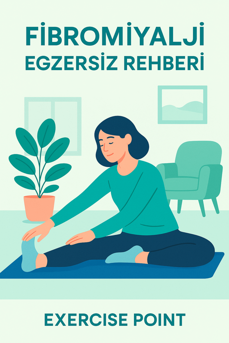 Fibromiyalji egzersiz rehberi – evde esneme yapan kadın illüstrasyonu | Exercise Point