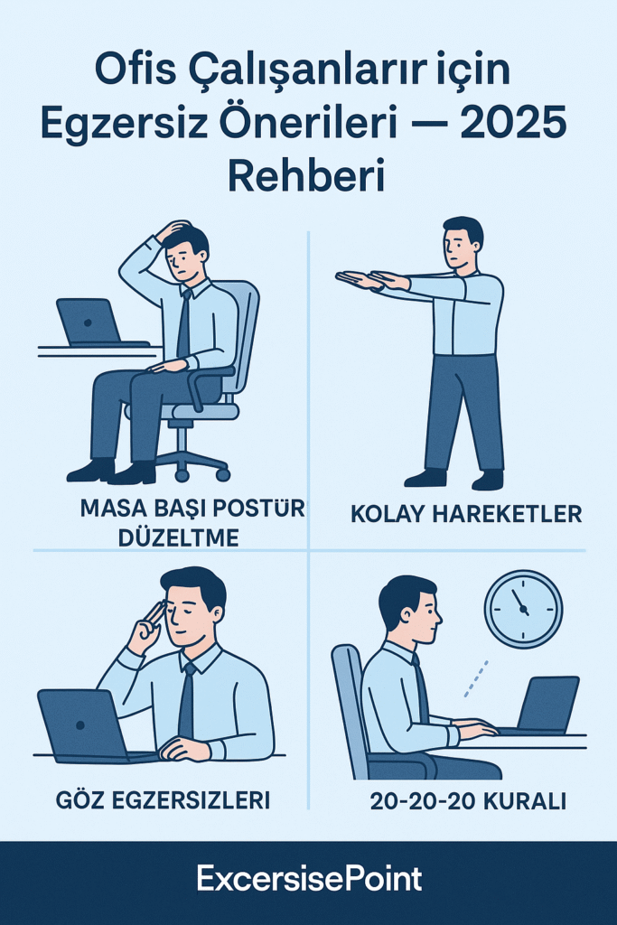 Ofis çalışanları için egzersizler 2025 rehberi: masa başı postür düzeltme, kolay hareketler, göz egzersizleri ve 20-20-20 kuralı. ExercisePoint.
